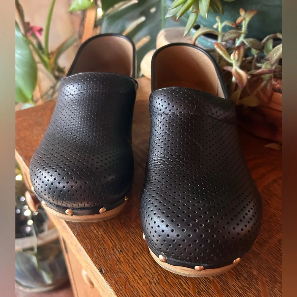 Dansko Black Perforated Clogs with Tan Sole - Picture 2 of 14